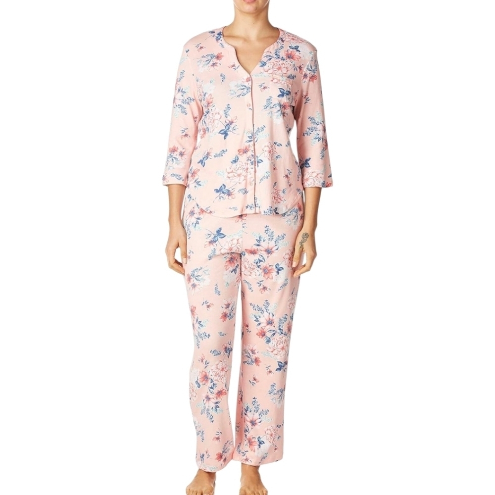 Karen Neuburger Light Pink Floral Soft  pajama Set Blouse Pants L PETITE Comfy